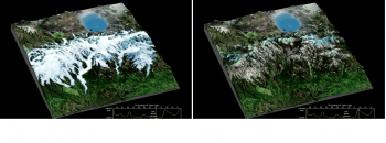 Figure  SEQ Figure \* ARABIC 3 Computer simulation of glacier extent in and around Yosemite National Park, 20,000 years ago (left); and 15,000 years ago (right). (Kessler et al. 2006)